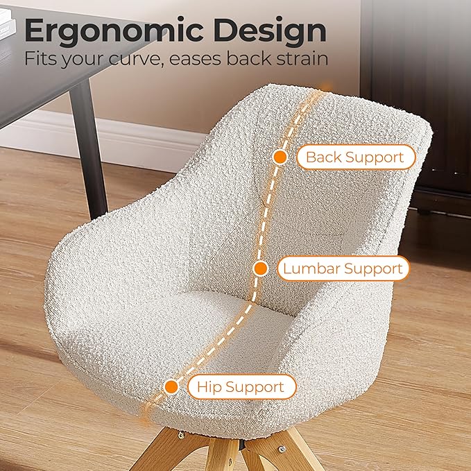 Zouron Desk Chair with Wooden Legs, Swivel Accent Chairs No Wheels, Modern Vanity Arm Chair for Small Space Home Office Living Room Bedroom, Ivory and Natural Wood