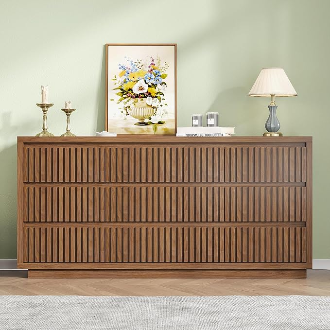 Fluted Long 9 Drawer Dresser, Large Mid Century Dresser for Bedroom, 58" Wide Vintage Chest of Drawers, Wood Closet Clothes Organizer, Walnut TV Stand for Living Room, Wooden, Brown