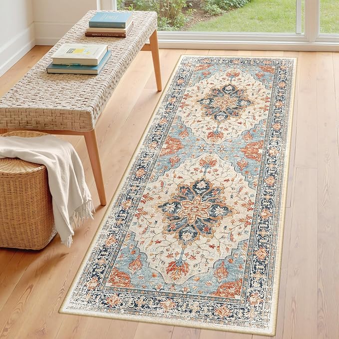 Area Rugs 3'x7' Washable Non-Slip, Floral Vintage Distress Print Pattern Medallion Carpet for Living Room Bedroom Dining Room, Beige Navy Blue Orange Colorful