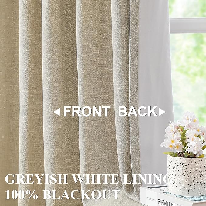 Vision Home Sand Linen Full Blackout Curtains 95 inch Long for Bedroom Living Room Darkening Light Blocking Window Panels Thermal Insulated Rod Pocket Back Tab Neutral Drapes 56" Wx95 Lx2