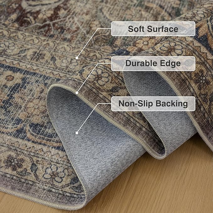 Fmfunctex 5x7 Washable Area Rug Neutral Vintage Brown Distressed Non Slip Low Pile Retro Indoor Carpet for Living Room Bedroom Soft Mat Throw Rug for Dining Office Kitchen Dorm Nursery Entryway, Multi