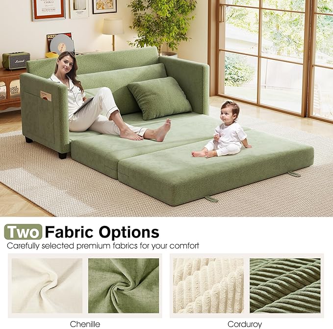 65" Loveseat Sleeper Sofa Bed, Chenille Convertible Floor Sofa Bed for Small Spaces, Folding Couch Bed with Deep Seat, 2 Pillows & Solid Frame, Pull Out Floor Couch for Living Room, Green