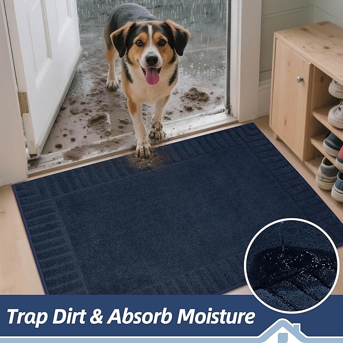 BEQHAUSE Door-Mat-Non-Slip Dirt Trapper Door Mats Low-Profile Front Door Mat Absorbent Floor Mats for Entryway Washable Mud Resistant Home Entrance Doormat,Navy Blue,24"x36"