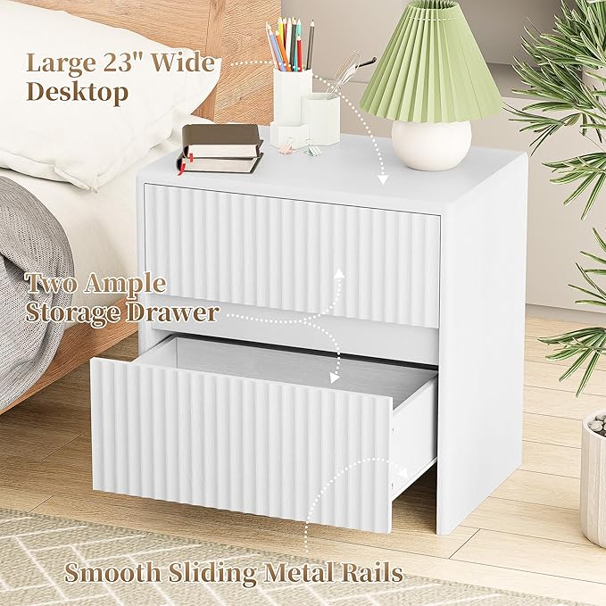 Fluted Nightstand, 23" Wide Bedside Table with 2 Storage Drawers, Modern Night Stand for Bedroom, White