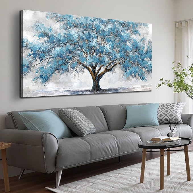 JuhaiArt Tree Wall Decor Teal Wall Art for Living Room Home Office White Canvas Art Large Artwork modern Prints 29" x 59"