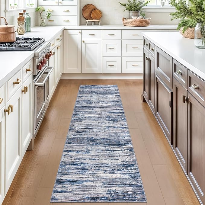 2x7 Modern Abstract Runner Rug for Hallways, Navy Blue Gray Neutral Multi Super Soft Hallway Decor Kitchen Rugs with Non-Slip, Non-Shedding Washable Rug for Hallways Entryway Bedroom Indoor