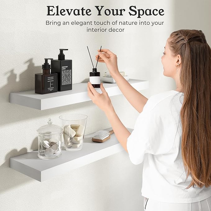 Floating Shelves for Wall, 9.3" Deep Wall Mounted Wood Shelves for Bathroom, Bedroom, Living Room, Kitchen, Hanging Shelf for Books/Storage/Room Decor (White, 55")