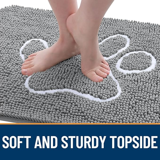 OLANLY Dog Door Mat for Muddy Paws 36x24, Paw Print Design, Absorbs Moisture and Dirt, Absorbent Non-Slip Washable Doormat, Quick Dry Chenille Mud Mat, Entry Indoor Entryway Carpet, Grey and White