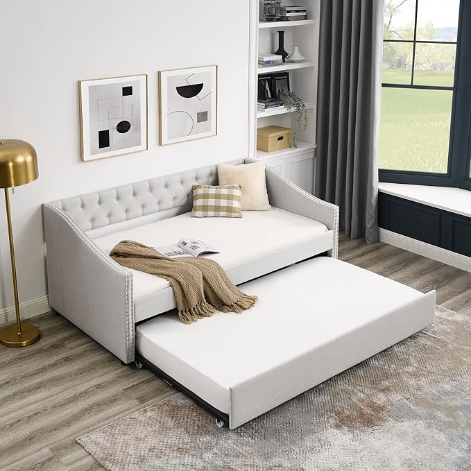 Favfurish Twin Size Daybed with Trundle,Linen Upholstered Sofa Bed W/Button on Back & Copper Nail on Waved Shape Armrests,Space Saving,No Spring Box Need,Wood Bedframe for Living Room Bedroom,Beige