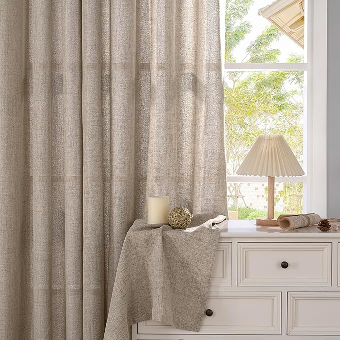 YoungsTex Dark Oatmeal Linen Curtains 54 Inch Length for Living Room Windows, Short Semi Sheer Drapes Privacy Light Filtering with Grommmet for Bedroom, 42 x 54 Inch, 2 Panels