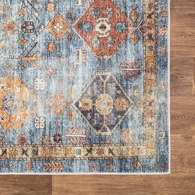 Bloom Rugs Washable Non-Slip 3' x 5' Rug - Blue/Orange Traditional Bordered Area Rug for Living Room, Bedroom, Dining Room, and Kitchen - Exact Size: 3' x 5'