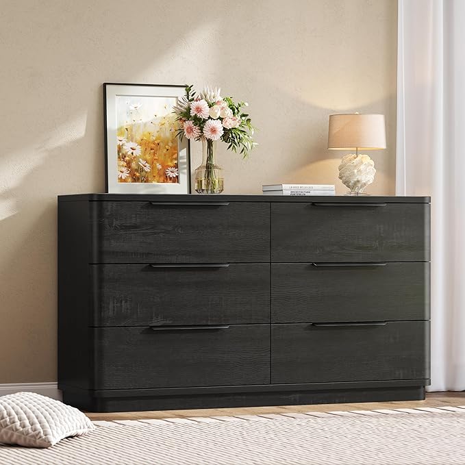6 Drawer Dresser for Bedroom, 54" Wide Modern Chest of Drawers with Metal Handle, Curved Profile Design, Wooden Black Dresser Closet Clothes Storage TV Stand for Living Room, Hallway