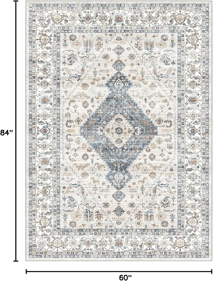 Washable Vintage Area Rug 5x7 - Soft Traditional Farmhouse Ultra-Thin Rug for Living Room, Bedroom, Dining Room and Home Office - Distressed Oriental Reto Indoor Floor Carpet Rug…