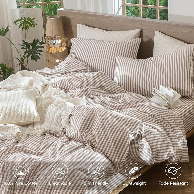 MooMee Striped Duvet Cover Set 100% Washed Cotton Linen Like Textured Breathable Durable Soft Comfy (Orange Classic Stripes, Super Queen 90"x98")