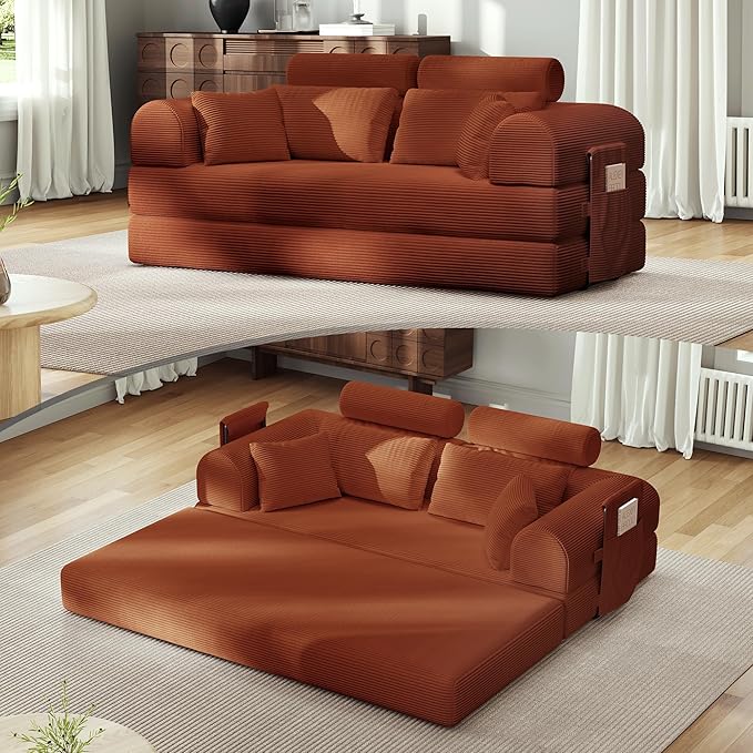 Upgrade High Backrest Design Sofa Bed with Fixed-Shape Frame & Removable Armrests and Backrest, Corduroy Fabric, Convertible Mattress Couch for Small Spaces - No Assembly Needed (High Backrest Orange)