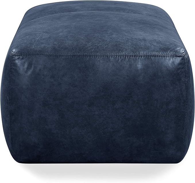 POLY & BARK Denver Ottoman – 43" Large Pouf with Feather-Down Topper – Full-Grain Leather Upholstered Pouf Ottoman for Living Room – Vintage Italian Leather in Midnight Blue