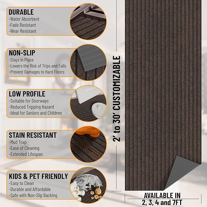 Ottomanson 2'7" x 46' Hallway Runner with Scraper Pile - Extra Durable Non-Slip Rug Mat for Indoor & Outdoor Use - Ideal for Kitchen, Entryway & Garage - High-Traffic Carpet, Brown