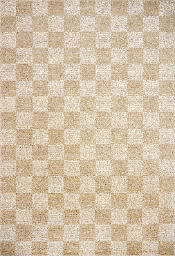 Loloi Chris Loves Julia Calvin Collection CLV-01 Wheat/Ivory 3'-6" x 5'-6" Accent Rug Checkered Neutral Soft Living Room Bedroom Carpet