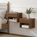 Floating Nightstands Set of 2 with Drawer and Open Shelf, Small Wall Mounted Bedside End Table, Modern Fluted Night Stand for Bedroom, Living Room, Brown