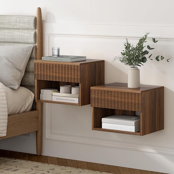 Floating Nightstands Set of 2 with Drawer and Open Shelf, Small Wall Mounted Bedside End Table, Modern Fluted Night Stand for Bedroom, Living Room, Brown