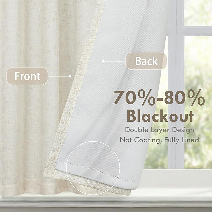 DriftAway Double Layer Linen Blackout Tie Up Curtains Thermal Insulated Fully Lined Balloon Roman Shade Bathroom Window Adjustable Rod Pocket for Small Window 31 Inch by 47 Inch Light Linen