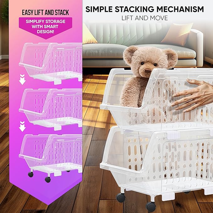 TidyFriend Stackable Storage Bins with Wheels for Closet Organizers and Storage 4 Pack, Closet Organization for Kids Room and Home Organization (Clear)