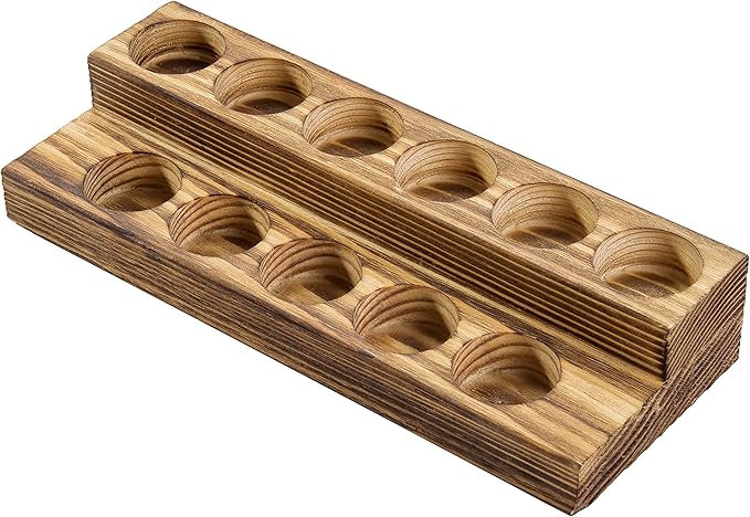 MyGift 8.5 Inch Rustic Burnt Solid Wood Essential Oil Holder Stand with 2 Tier Display, Vanity Tabletop Cosmetic Storage Organizer Rack, Holds 11 (20ml) Bottles