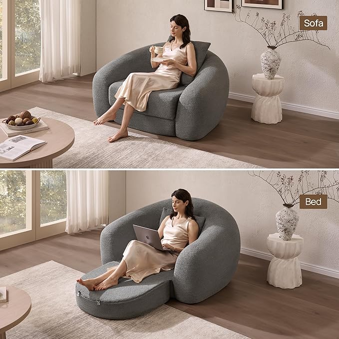 SICOTAS Curved Sofa Couch Bed for Living Room Convertible Futon Cloud Boneless Sleeper Chair Pull Out Floor Couch with Deep Seat Sofa Set Foam No Assembly Required for Bedroom Apartment, Dark Grey