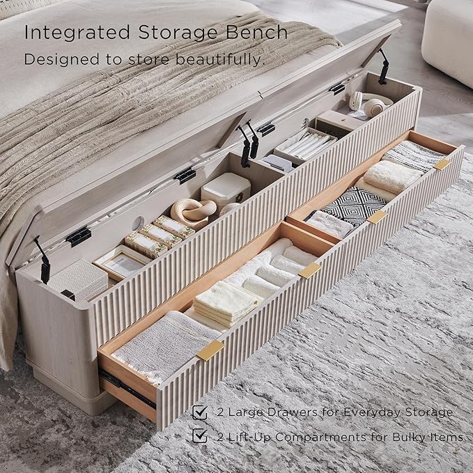 T4TREAM Fluted King Size Bed Frame with Wingback Headboard, Footboard Storage Bench with Built-in Drawers & Lift-Up Compartments, Wood & Steel Platform Bed, No Box Spring Needed, White Alder