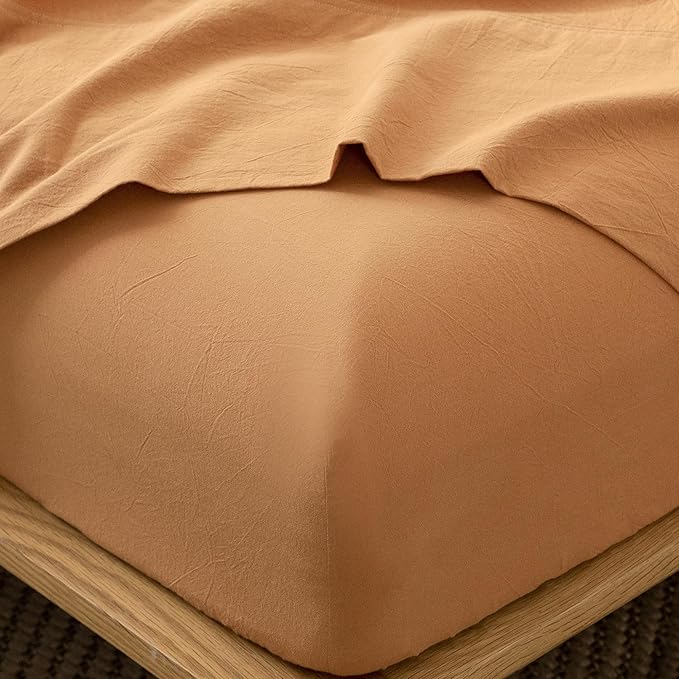 MooMee Fitted Bottom Sheet Only 100% Washed Cotton Linen Like Textured Breathable Durable Soft Comfy Deep Pocket Fits Mattress up to 17" (Burnt Orange, Queen)