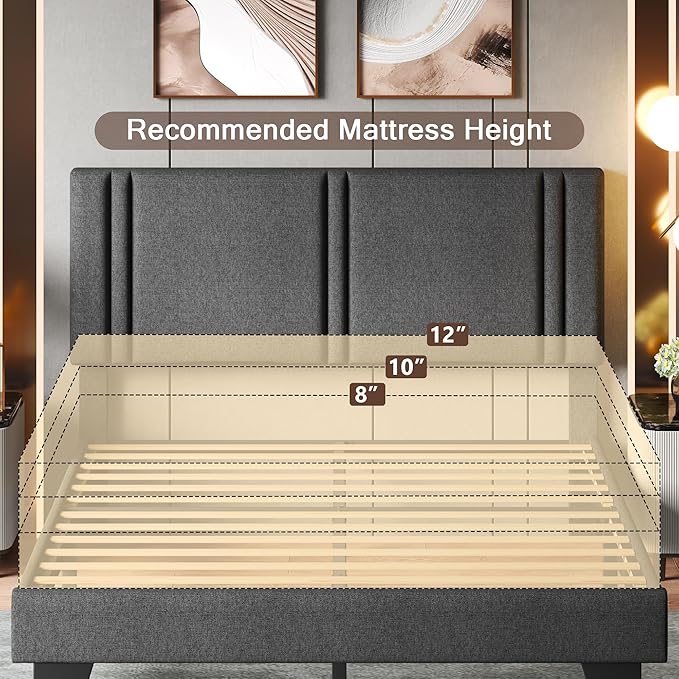 Upholstered Full Size Bed Frame with Linen Fabric Headboard, Strong Wooden Slats Support, Noise Free, No Box Spring Needed, Dark Grey