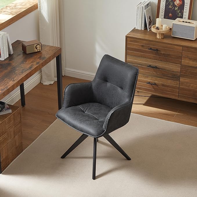 Art Leon Accent Chair Set of 2 - Mid Century Modern Desk Chair No Wheels, Faux Leather Upholstered Office Chair with Black Oak Wood Legs for Small Space Living Room Bedroom, Black