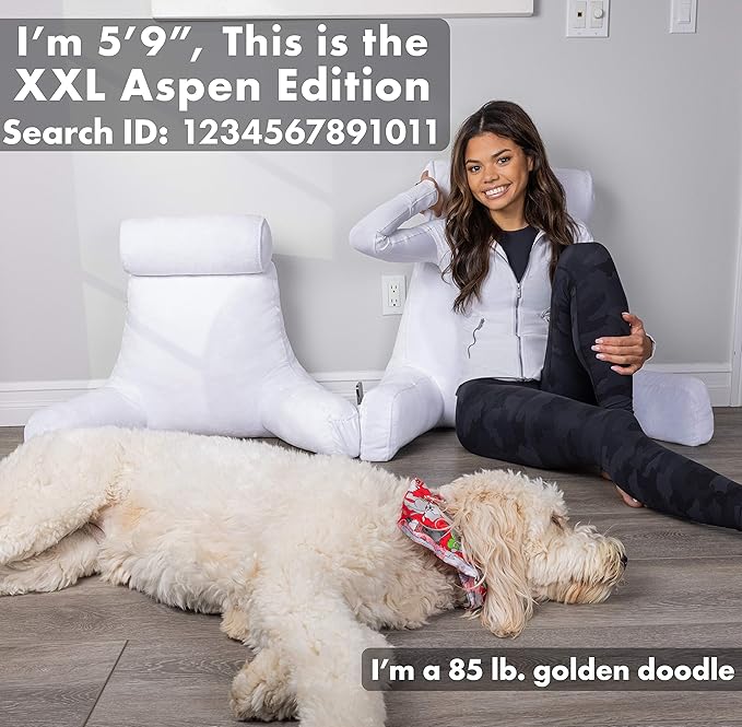 Husband Pillow Medium Aspen Edition White Dandelion, Sit Up Reading & Bed Rest with Arms, Ultra-Comfy, Detach Neck Roll - Premium Shredded Memory Foam Backrest, Reverses to Micro: Suede or Plush