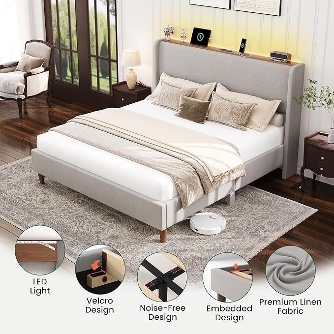 LARMACE King Size Bed Frame with LED Lights and Charging Station Linen Upholstered Platform Bed Frame with 51.2" Tall Wingback Headboard and Storage Shelf, No Box Spring Needed, Easy Assembly, Grey