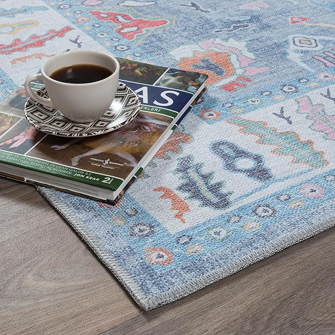 Fame Rugs Blue Modern Oushak Rug 2'6"x7', Washable Vintage Turkish Colorful Oriental Antique Inspired Foldable Small Runner Rugs, Luxury Living Room Bedroom (381LB, 2'6" x 7')