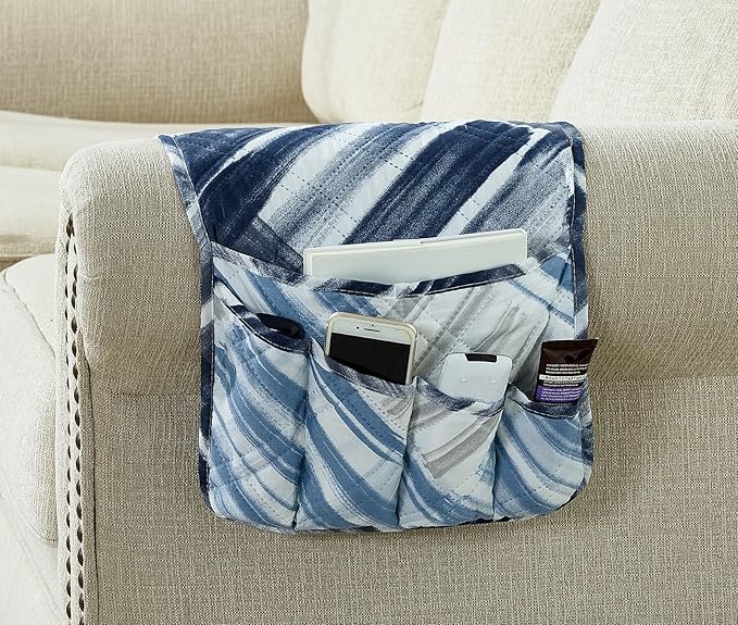 Brilliant Sunshine Blue Grey Stripes Patchwork Couch Armrest 5 Pockets Organizer, Slip Resistant Recliner Armchair Caddy, Washable Remote Controls Holder, Storage for Magazine, Tablet, iPad, Blue Grey