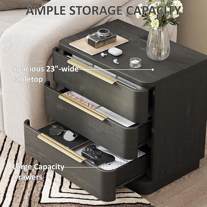 Black Nightstand Bedside Table with 3 Storage Drawers, 24" Tall Wood Night Stand with Charging Station, Modern Wide End Table Side Table W/Metal Handle Curved Profile for Bedroom