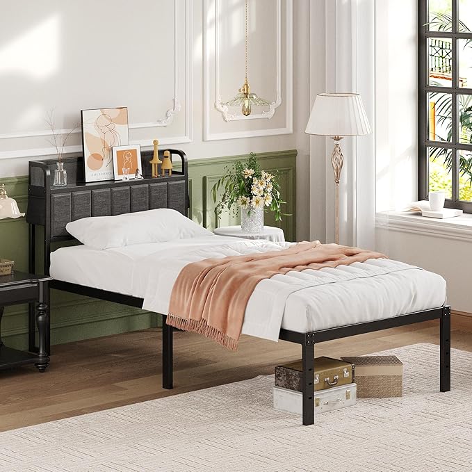16 Inch Twin Bed Frames with Upholstered Storage Headboard, Heavy Duty Twin Platform Bed No Box Spring Needed, Noise Free, Easy Assembly, Gray