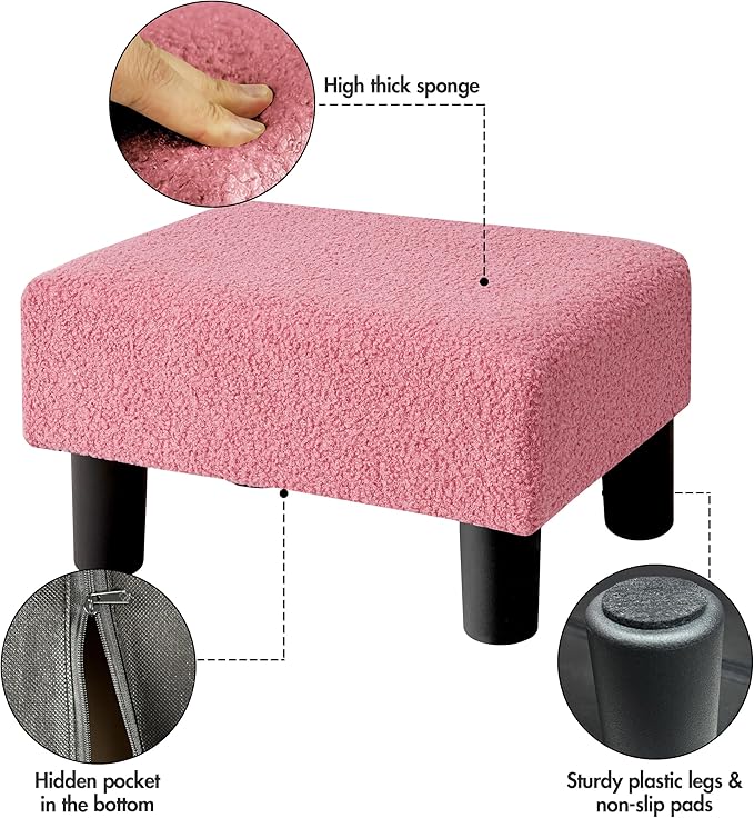 BRIAN & DANY Small Foot Stool Ottoman, Footstool with Legs, Teddy Velvet Foot Rest for Living Room, Bedroom and Office, Hot Pink