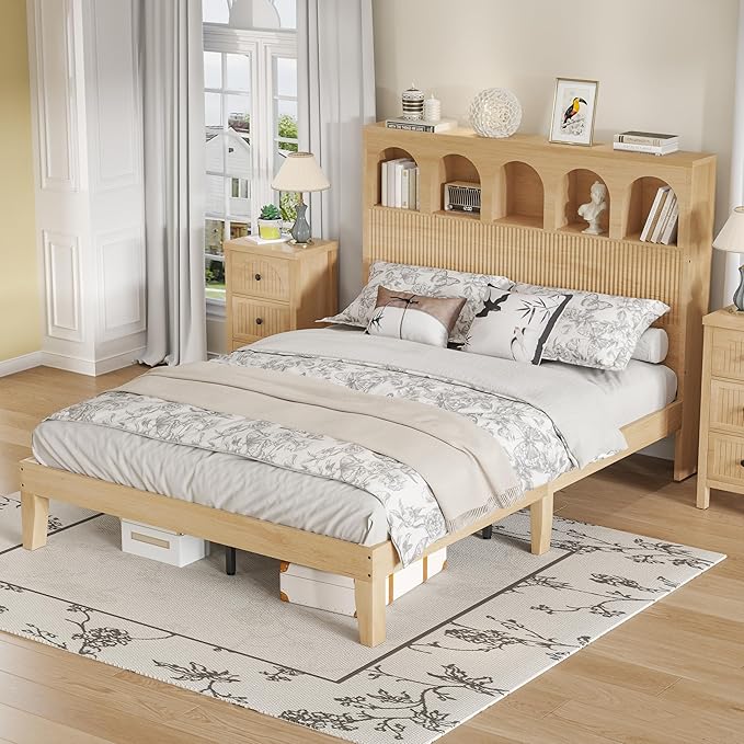 Queen Bed Frame, Storage Headboard with 5 Arched Storage Compartments, 12.4 Inch Farmhouse Wooden Queen Bed Frame, No Box Spring Needed, No Noise (Wood Color)