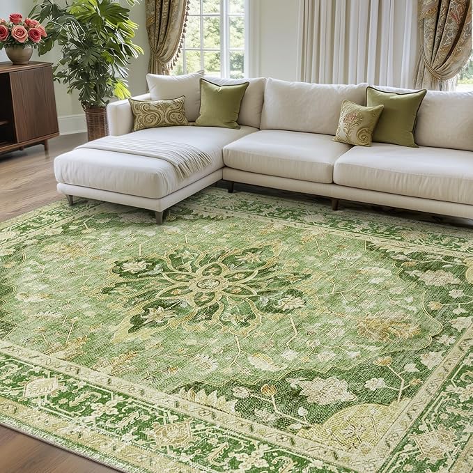 Area Rugs 8'x10' Washable Non-Slip, Floral Vintage Distress Print Pattern Medallion Carpet for Living Room Bedroom Dining Room, Sage Green Yellow