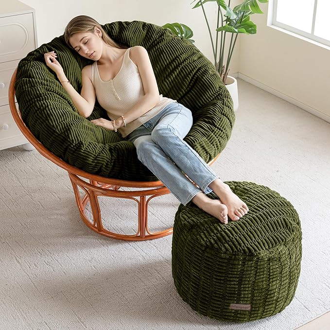 HIGOGOGO Pouf Ottoman Stuffed Round Modern Foam Filled Foot Rest Poufs for Living Room Chair Decorative 26 X 18 Inches Boho Relax Stool for Wedding Christmas Party, Green