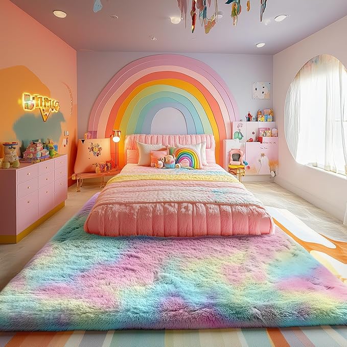 PAGISOFE Fluffy Colorful Rainbow Rugs for Bedroom Girls 5x7, Soft Unicorn Shag Cute Girls Room Rugs for Kids Playroom Living Room Nursery Home Decor, Furry Kawaii Princess Rug,Pastel Shaggy Rug Carpet