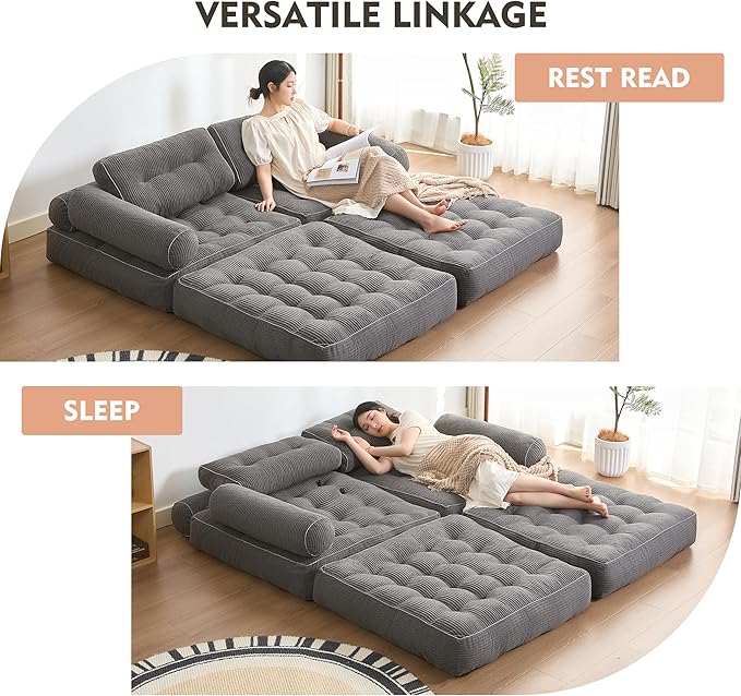 Plus Futon Sofa Bed for Small Spaces, Floor Couch with Armrest, Folding Sofa Couch, Convertible Sleeper Chair Bed with Pillow, Portable Comfy Floor Lounge for Living Room and Bedroom, Grey