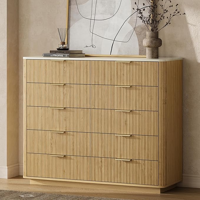 Fluted Drawers Dresser for Bedroom with 10 Drawers, 42'' Wide Mid Century Dressers with Faux Marble Top & Metal Handle, Wooden Chest of Drawers TV Stand, Natural Wood Closet Storage Organizer,Oak