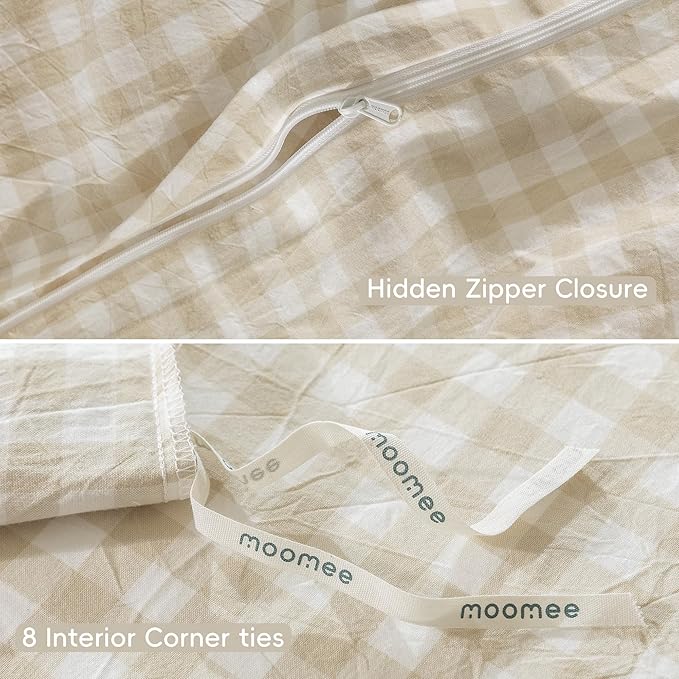 MooMee Gingham Duvet Cover Set 100% Washed Cotton Linen Like Textured Breathable Durable Soft Comfy Modern Checkered Design (Almond Milk Grey Gingham, Super Queen 90"x98")