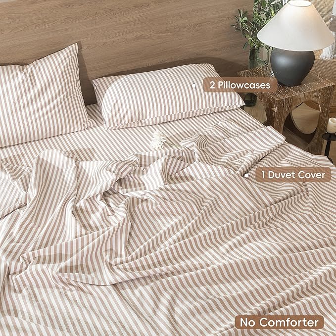 MooMee Striped Duvet Cover Set 100% Washed Cotton Linen Like Textured Breathable Durable Soft Comfy (Orange Classic Stripes, King 104"x90")