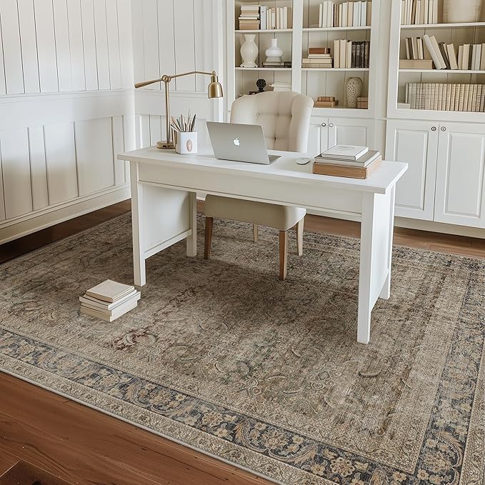 Fmfunctex 5x7 Washable Area Rug Neutral Vintage Brown Distressed Non Slip Low Pile Retro Indoor Carpet for Living Room Bedroom Soft Mat Throw Rug for Dining Office Kitchen Dorm Nursery Entryway, Multi