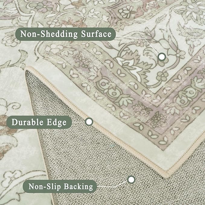 vivorug 3x5 Rug, Small Area Rug for Living Room, Bedroom, Kitchen, Machine Washable Non-Slip Throw Rug, Vintage Floral Carpet for Entryway Nursery Coffee Table - Durable (Sage Green)