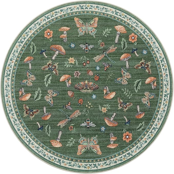 Mushroom Insect 7ft Round Rug Washable Non-Slip Soft Ultra-Thin Large Boho Circle Carpet for Entryway Kitchen Bedroom Nursery Dining Room Green